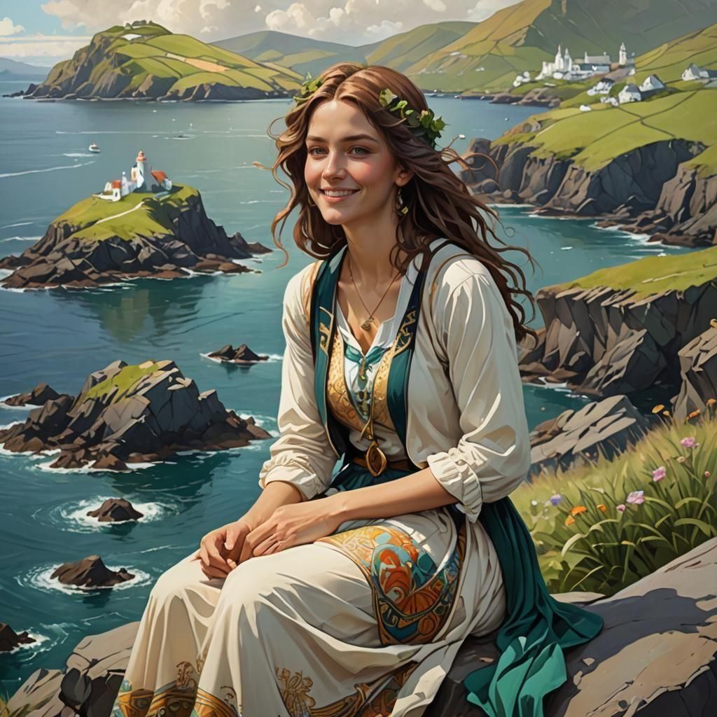 Irish Woman Portrait with Coastal View, Concept Art
