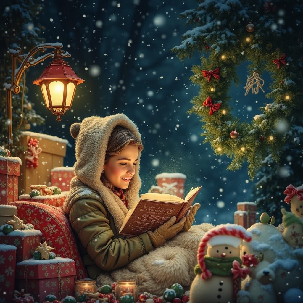 Cozy Christmas Scene with Snowflakes in Kinkade Style