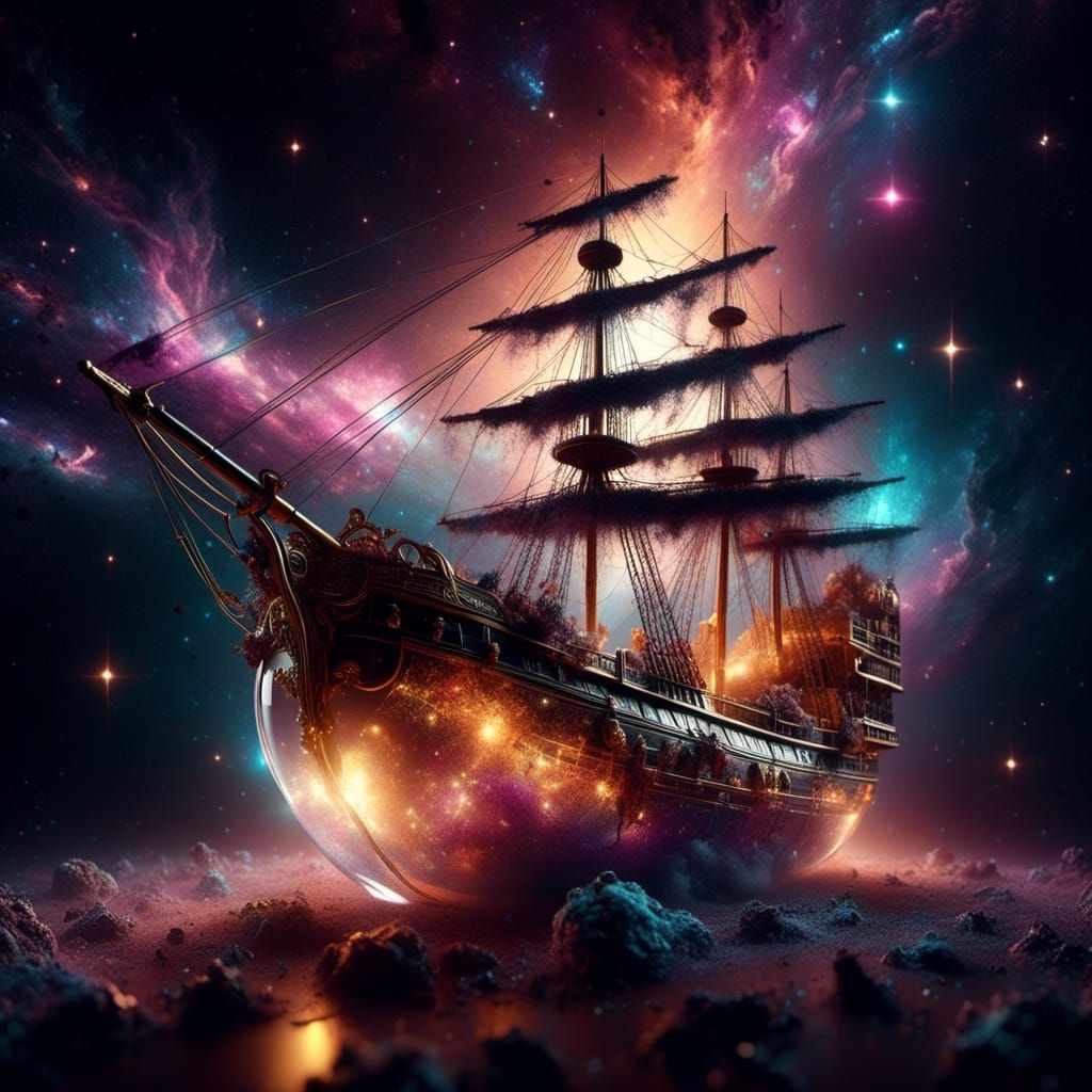 Constellation Sailing Ship in Glass Bottle, 3D Render