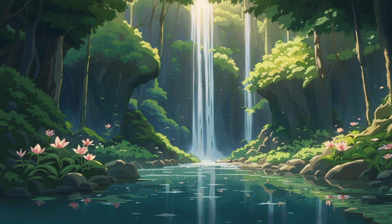 Forest Lotus Waterfall in Anime Style