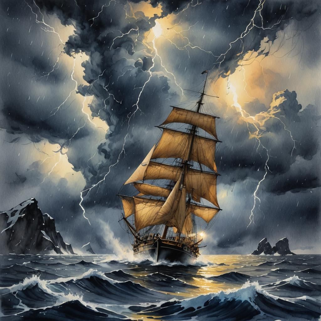 Epic Sailboat Braving Antarctic Lightning Storm
