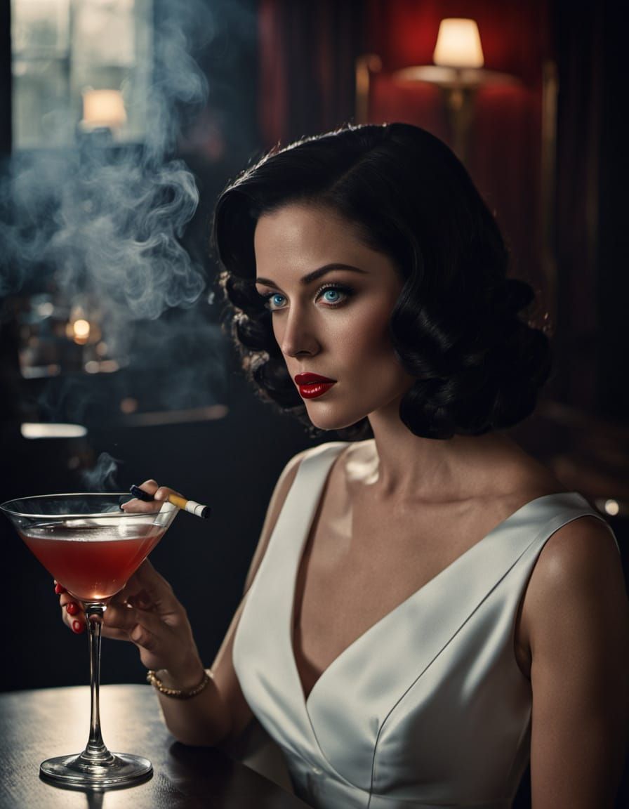 Film Noir Woman Sipping Cocktail in Smokey Bar