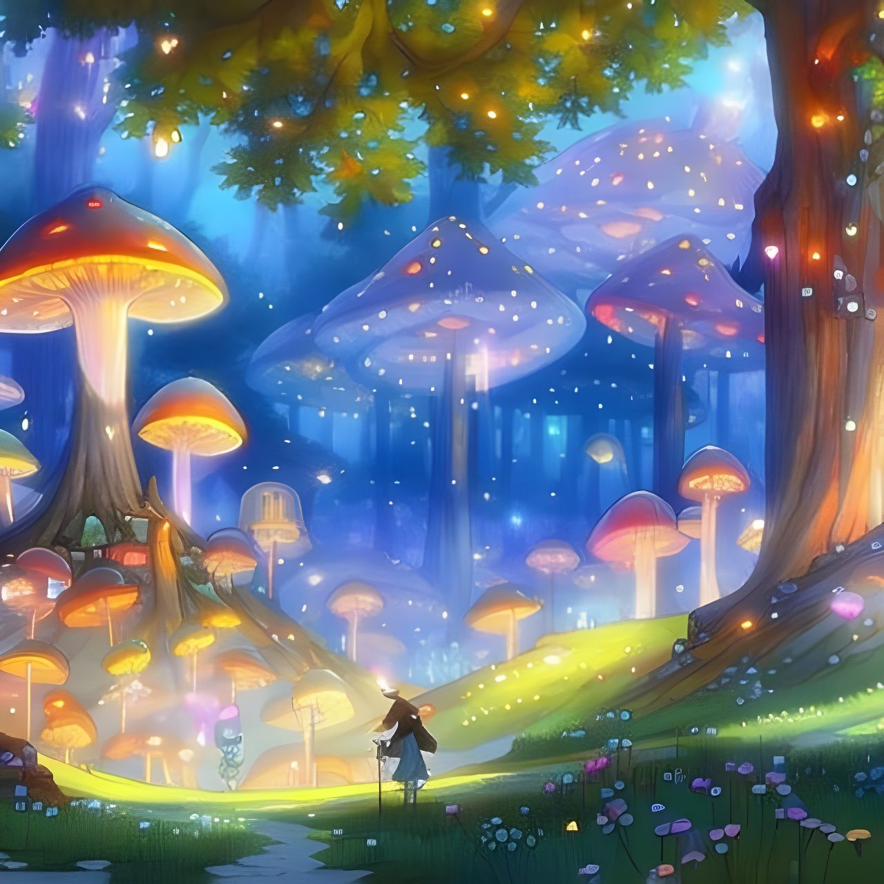 Colorful Fairy Town at Night in Anime Style