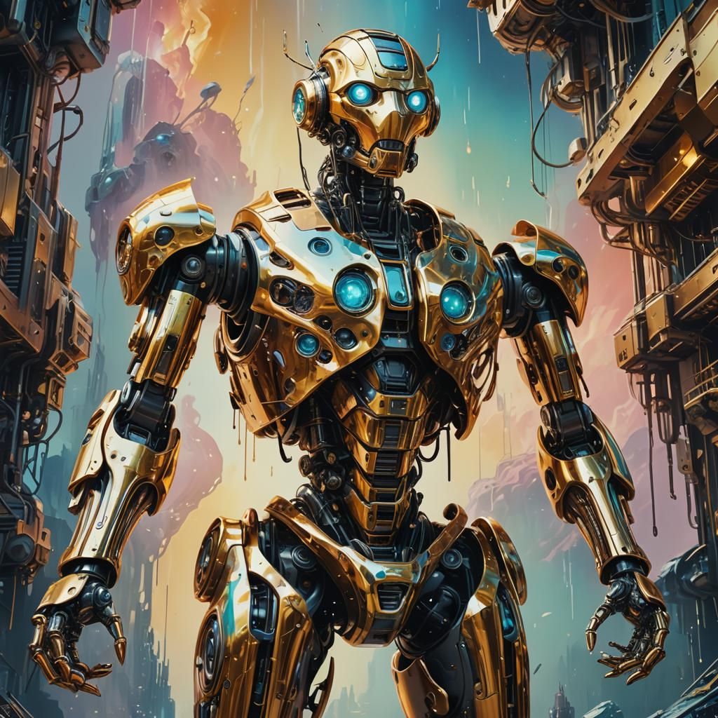 Futuristic Robot in Dreamlike State: Surreal Oil Painting