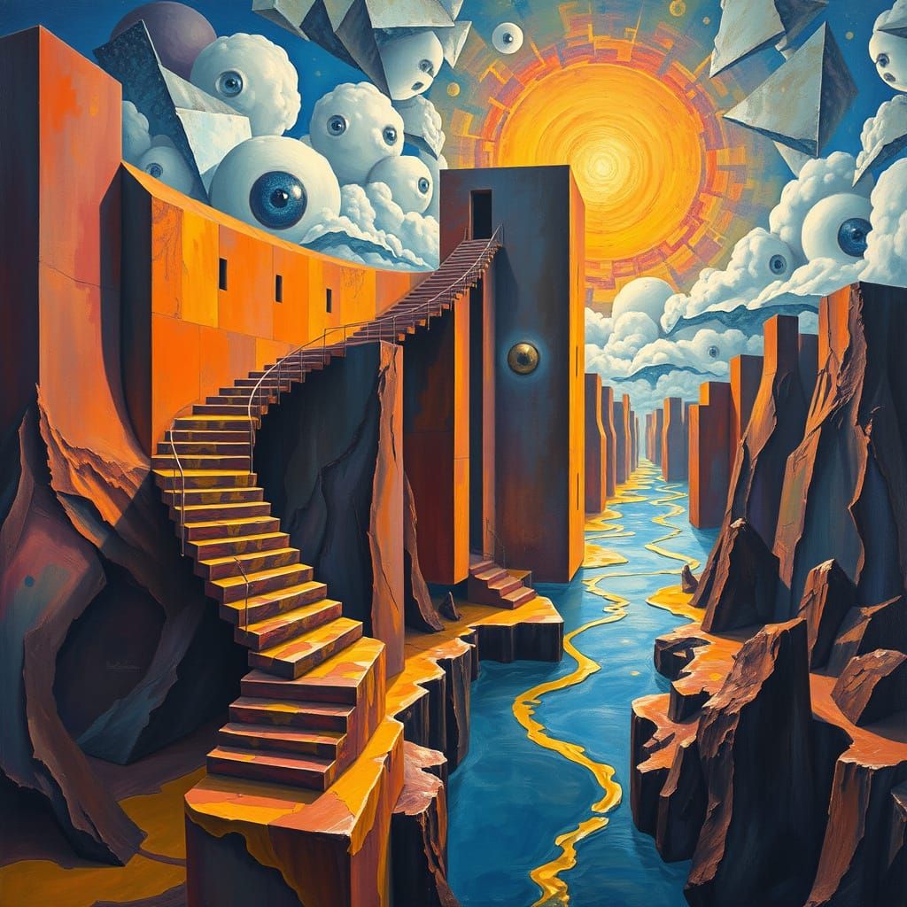 Surreal Dreamscape: Floating Staircases in Liquid Gold