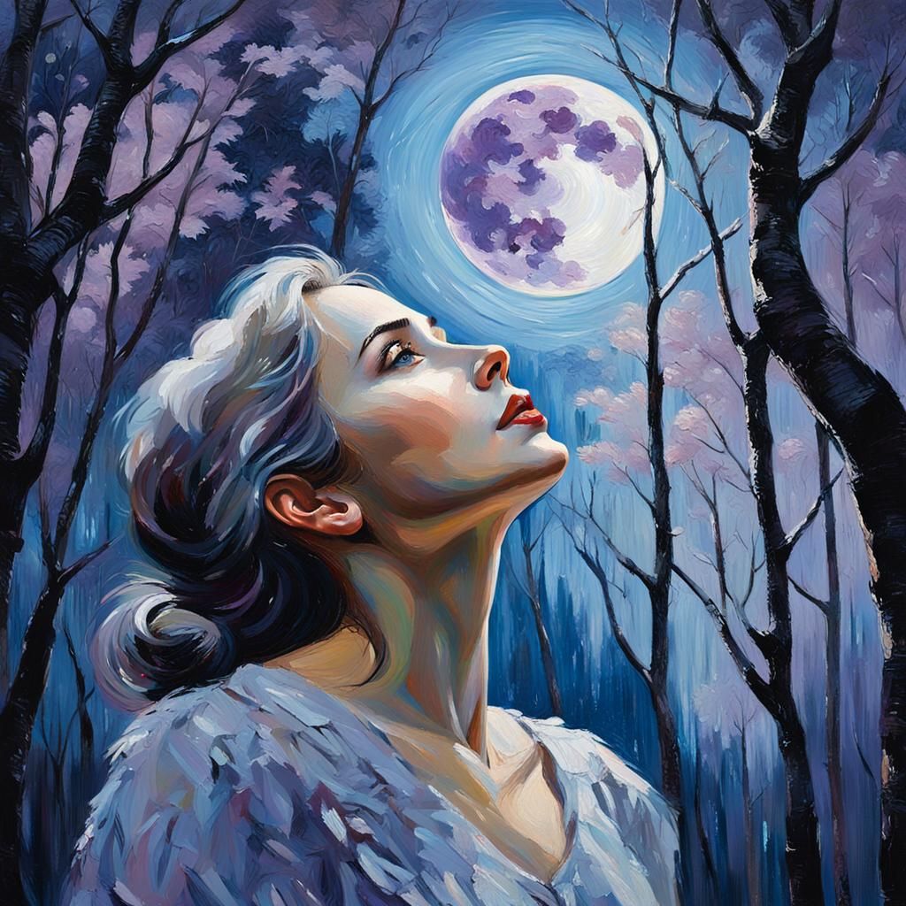Elegant Lady Gazing at Moon as Neo-Impressionist Oil Paintin...