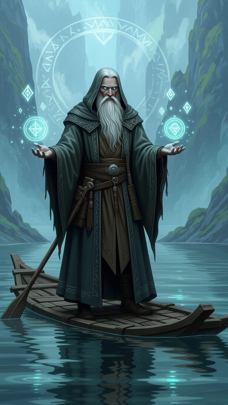 Mystical Wizard Stands on Glowing Raft in Dreamlike Landscap...