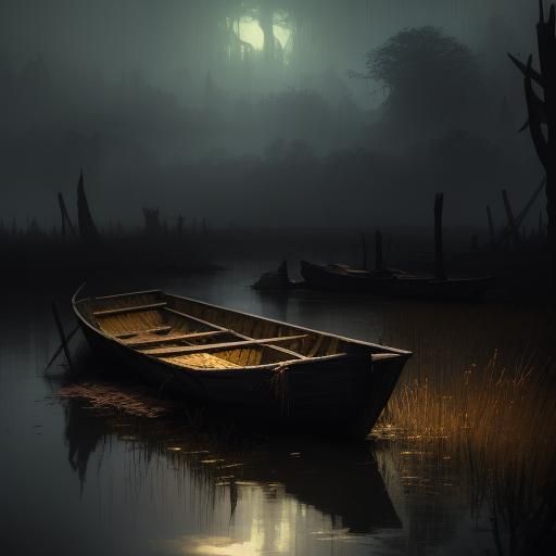 Rotting Rowboat in Autumn Swamp: Dark Fantasy Art