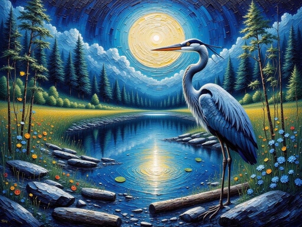 Great Blue Heron in Encaustic Impasto Style