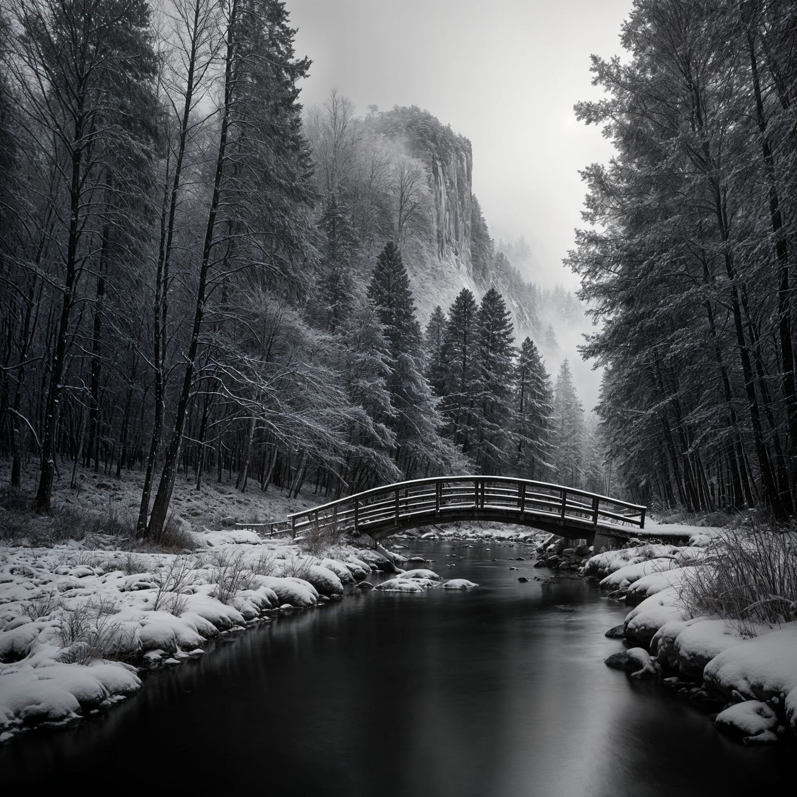 Maine Winter Forest Landscape in Black and White