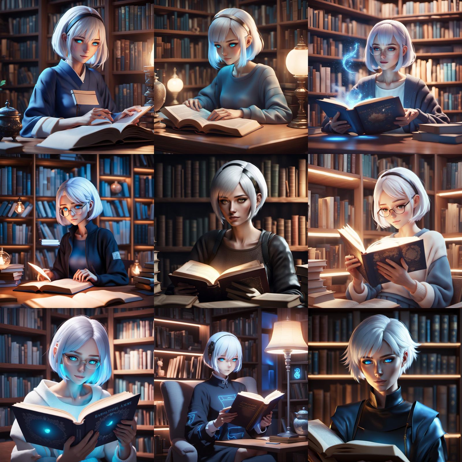 Anime Girl Reading in Cozy Library, Detailed 3D Art