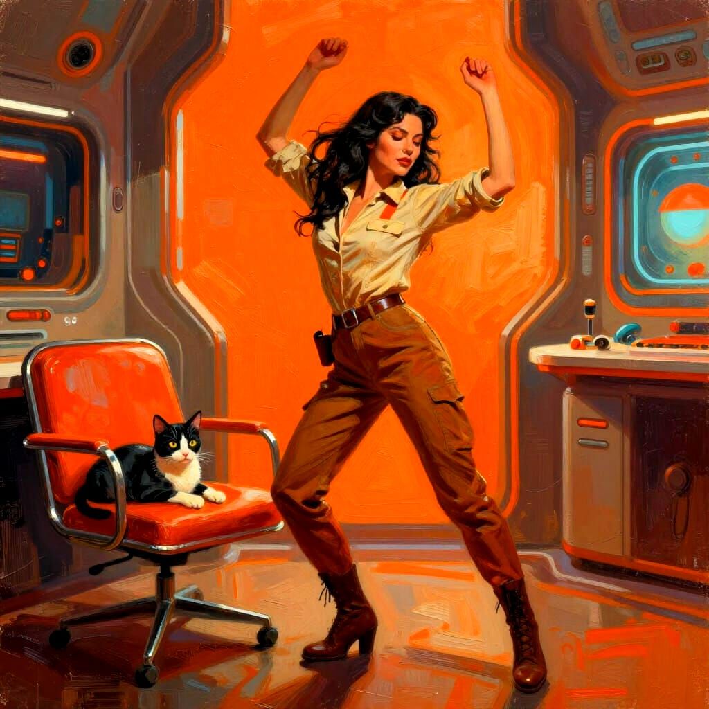 Woman Dancing in Retrofuturistic Room with Cat