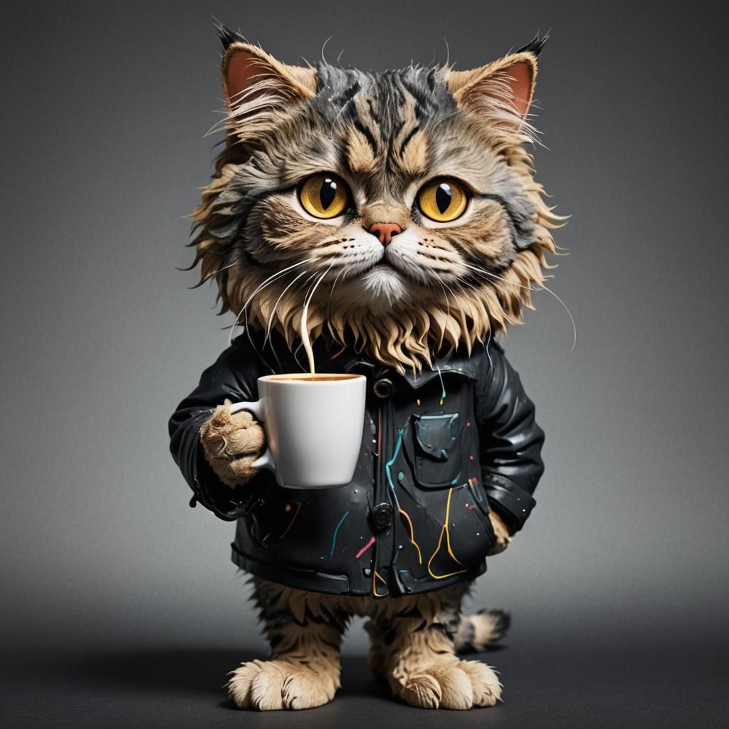 Disheveled cat holding a cup of coffee