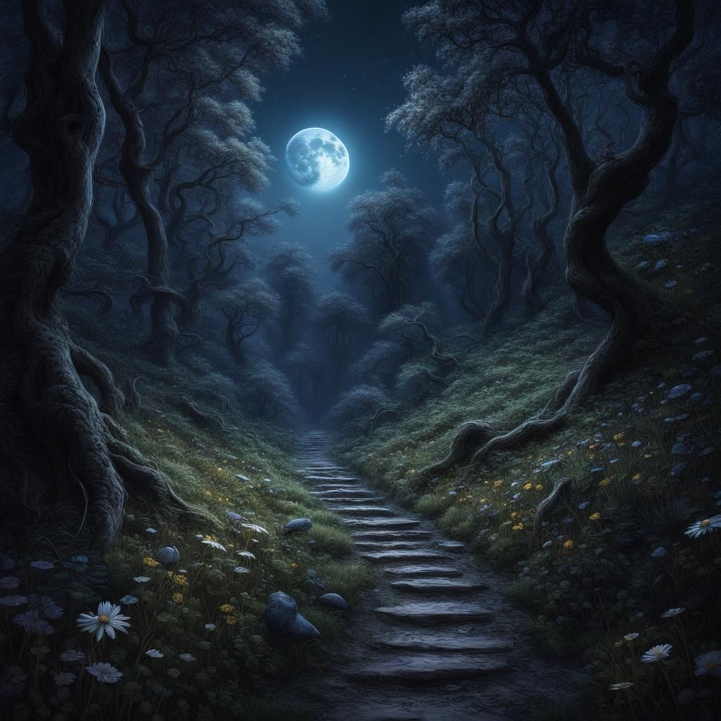 Moonlit Path Through Forest: Detailed Fantasy Landscape