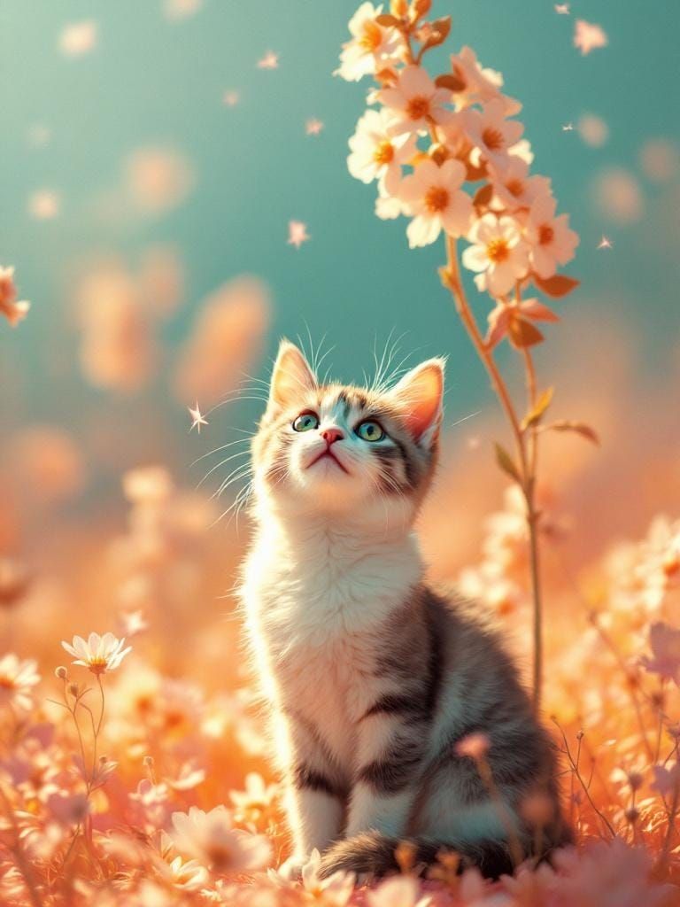 Adorable Cat Under Flower in Pop Surreal Style