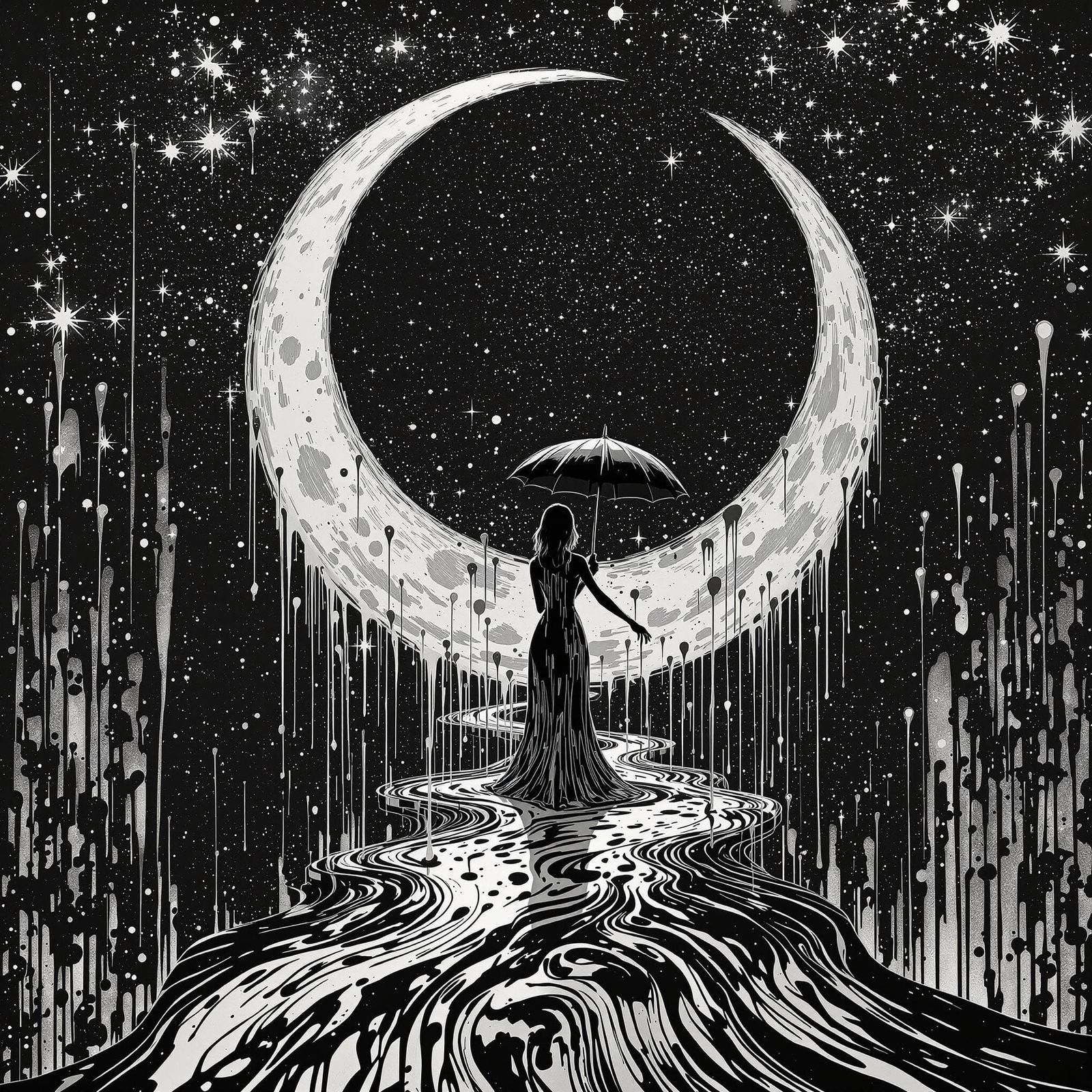 Woman Under Giant Moon in Vertigo Art Style