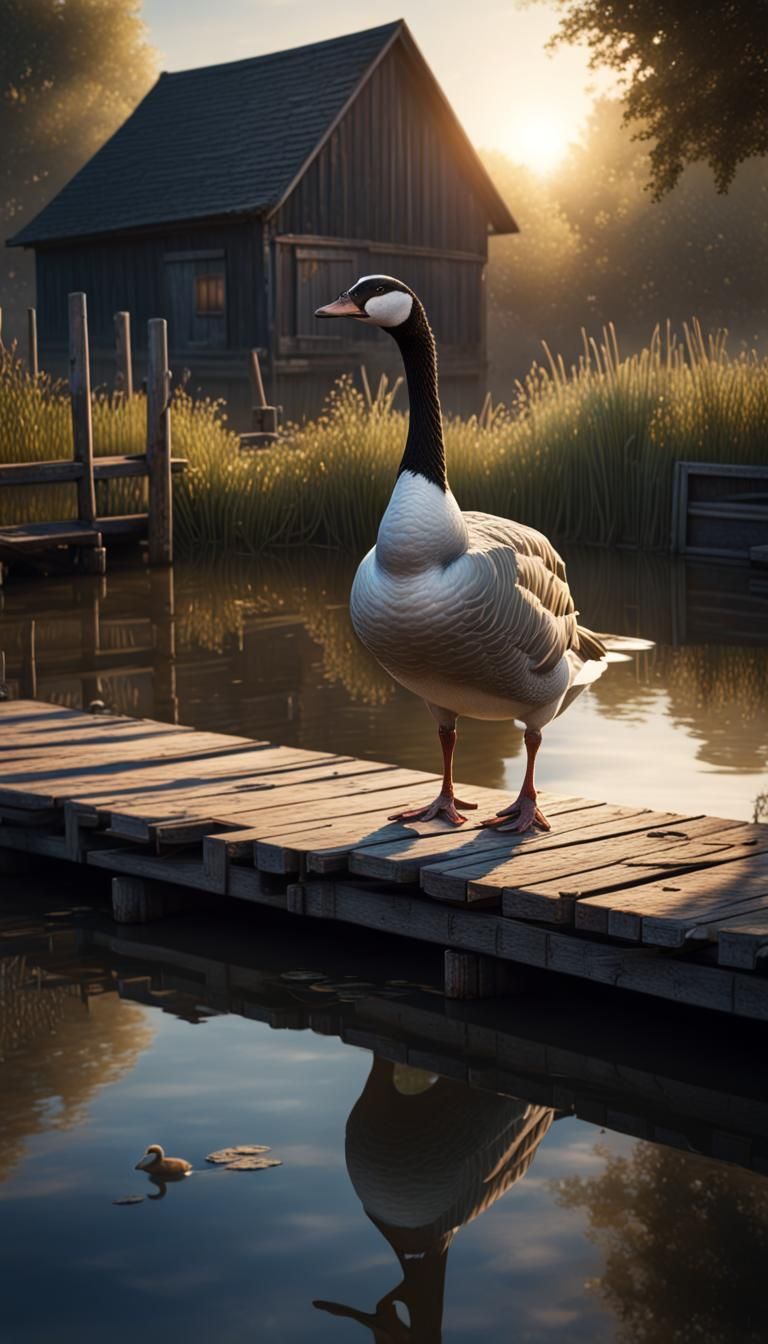 Hyperrealistic Goose Portrait at Old Pond, Detailed Matte Pa...
