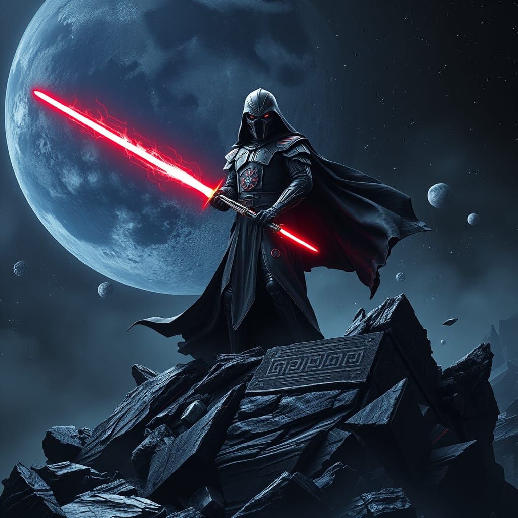 Sith Lord with Double-Bladed Lightsaber in Space