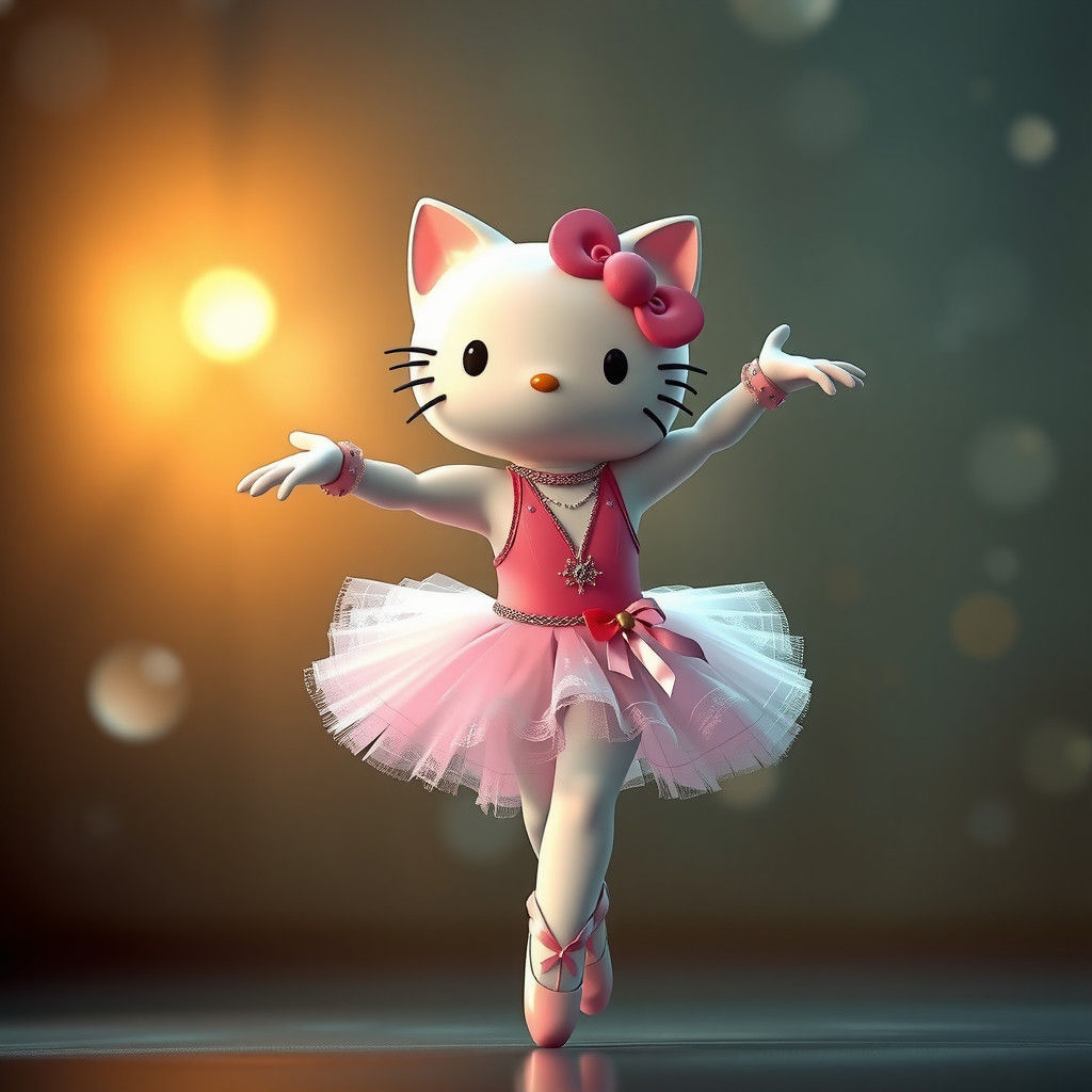 Anthropomorphic Hello Kitty is a ballerina in a realistic an...