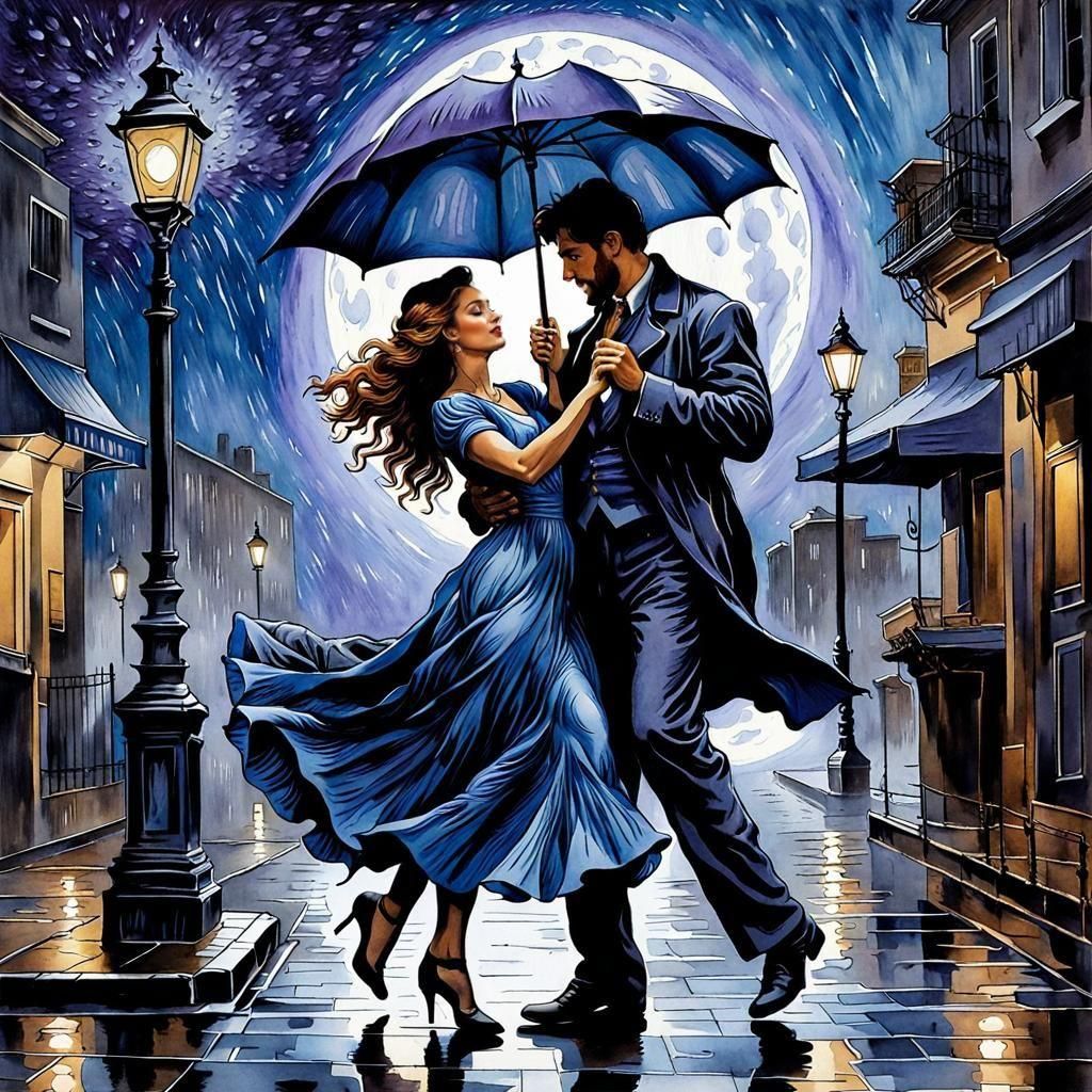 Romantic Couple Dancing in Rainy Street, Impasto Painting