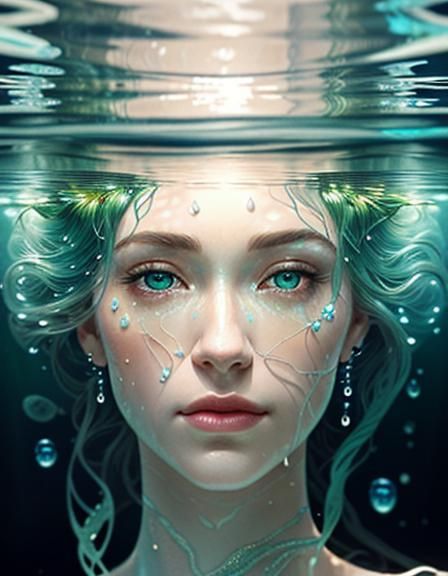 Hyperrealistic Underwater Portrait of Woman with Water Dropl...