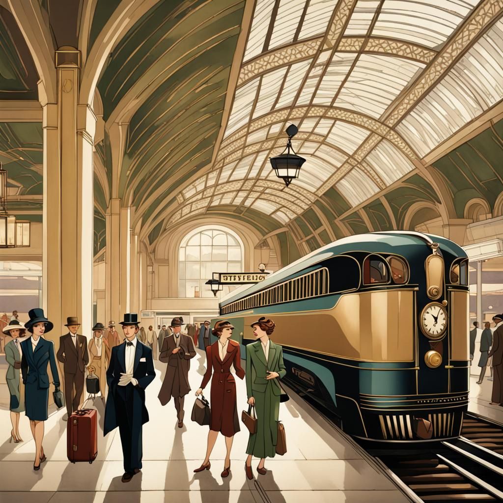 Elegant Art Deco Train Station Scene
