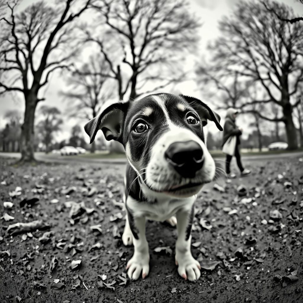 Surreal Black and White Portrait of Curious Small Puppy