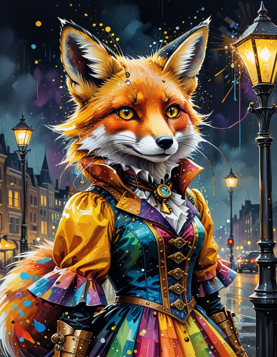 Steampunk Fox in Rainbow Dress, Vivid Oil Painting