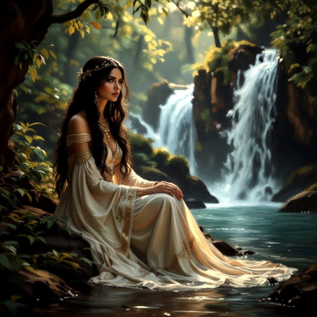 Realistic Woman in Forest Beside Waterfall