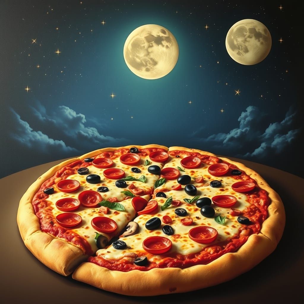 Surreal Flying Pizza in Starry Night Sky