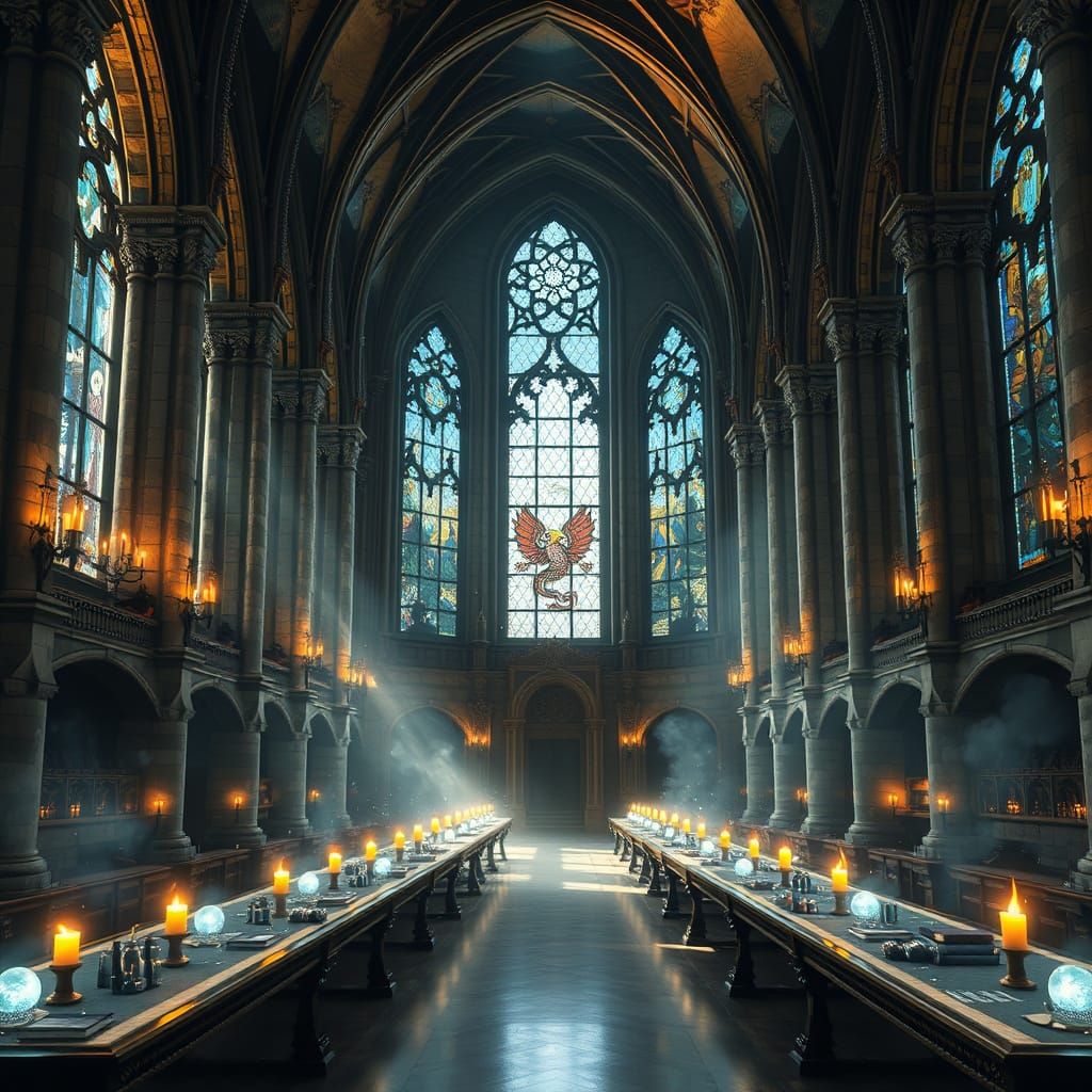 Grand Hall of Ancient Magic Academy with Stained Glass Windo...