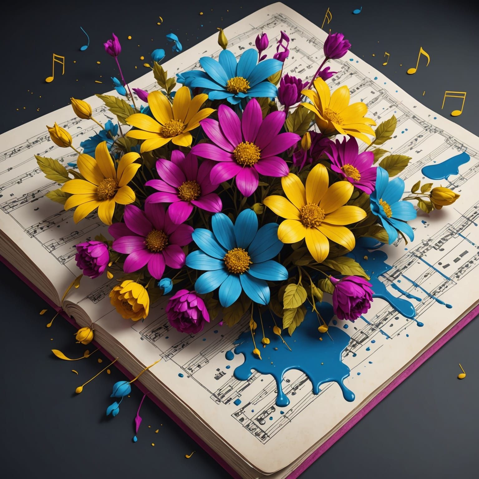 Abstract Floral Paint Splatter on Sheet Music