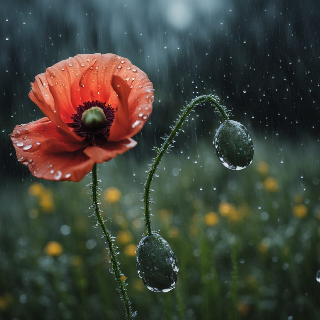 Mystical Red Poppy with Raindrops Under Full Moon
