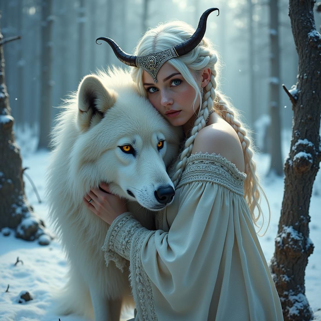 Celtic Maiden Embracing Wolf in Snowy Forest