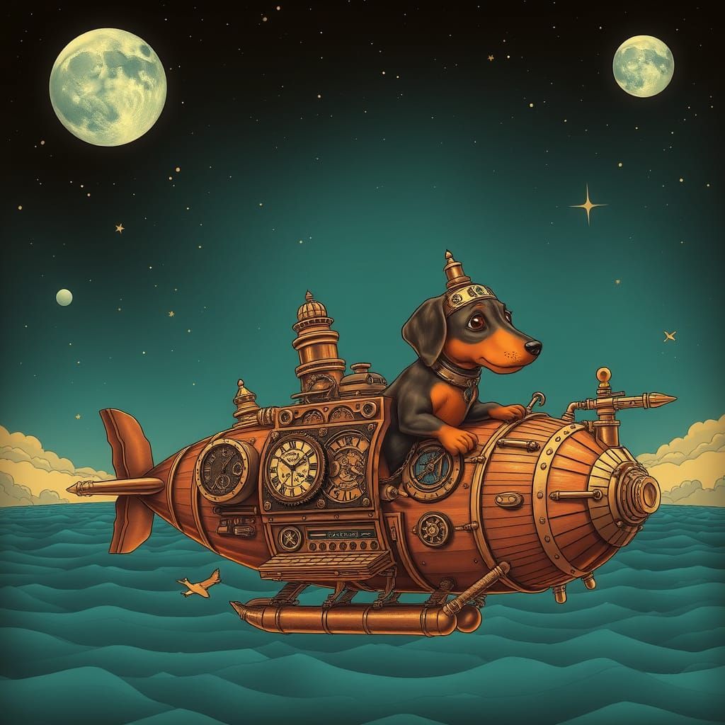 Steampunk Dachshund Airship Sails Through Celestial Sea Unde...