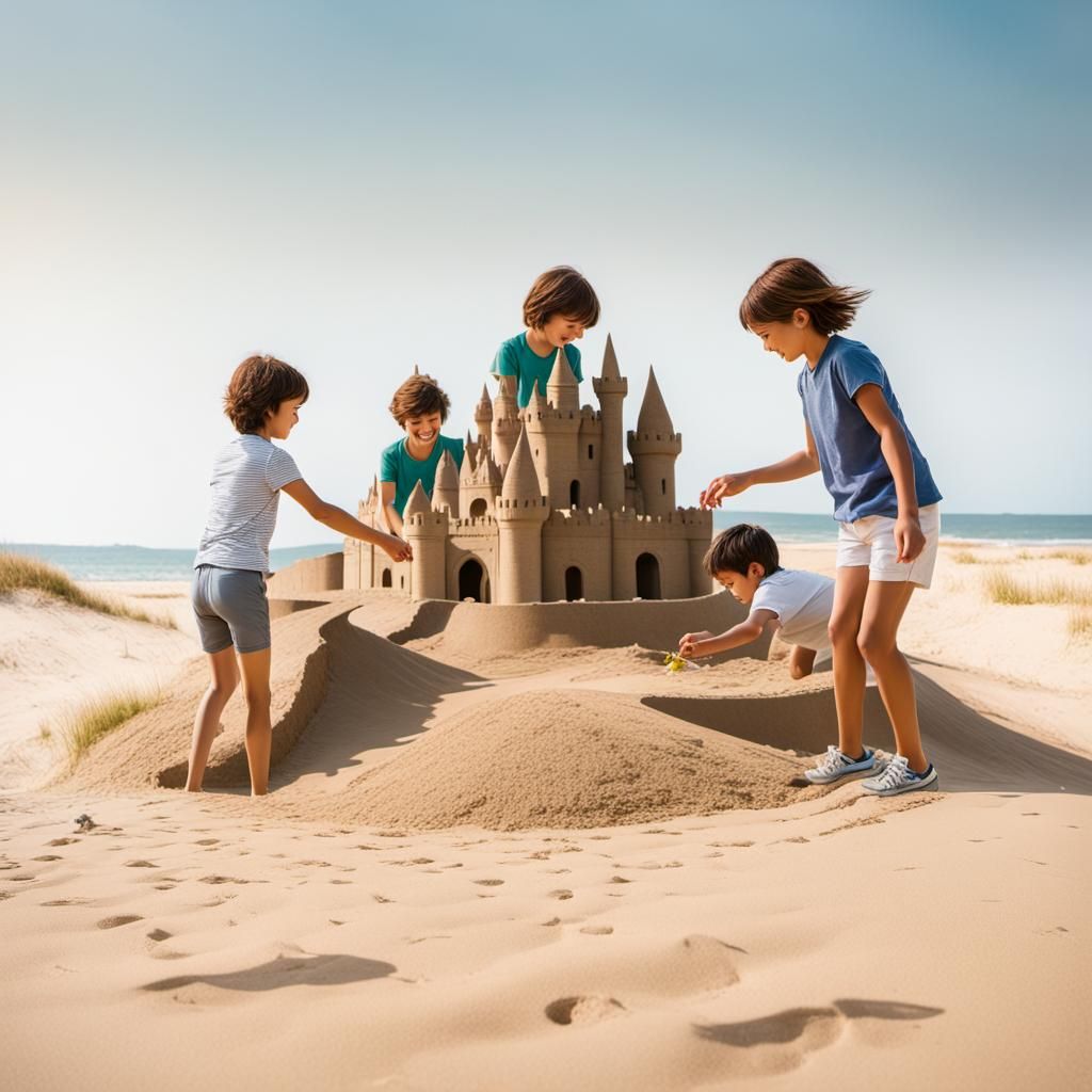 Kids Building Sandcastle on Beach