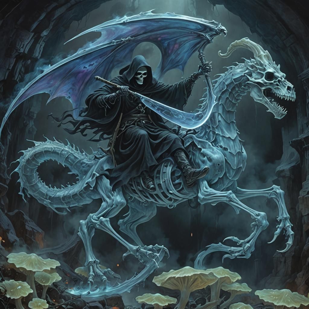 Grim Reaper on Smoke Dragon in Gothic Cavern