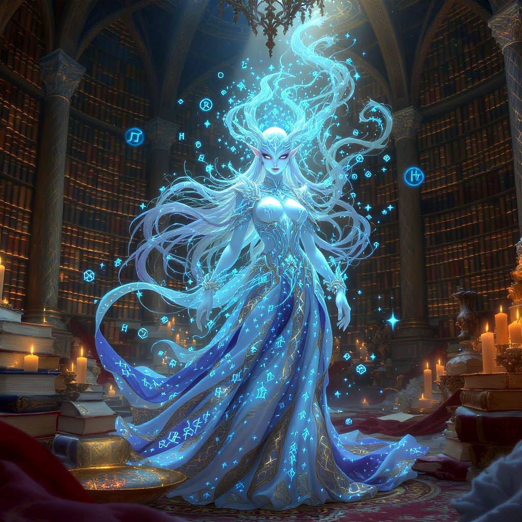 Astral Elf in Magical Library, Inspired by Alphonse Mucha