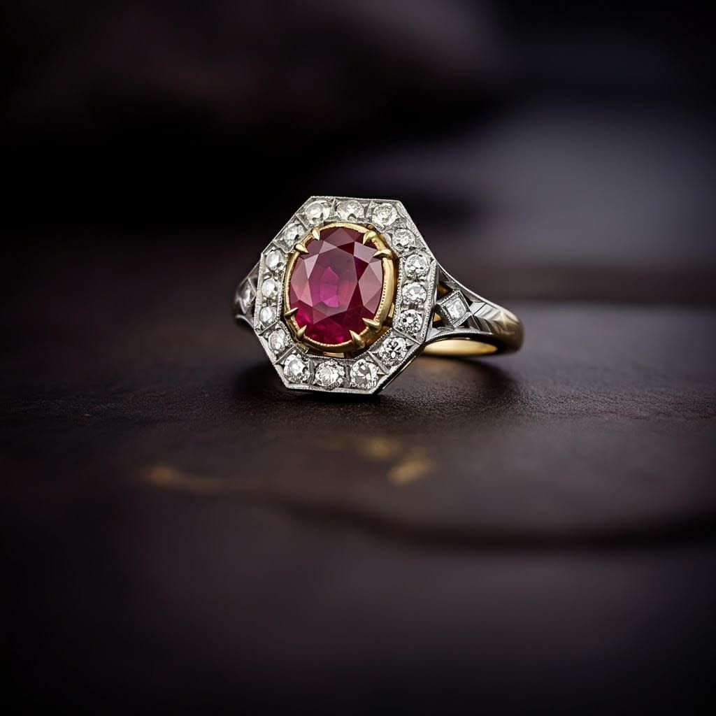Ruby and Diamond Halo Ring in Detailed Matte Style