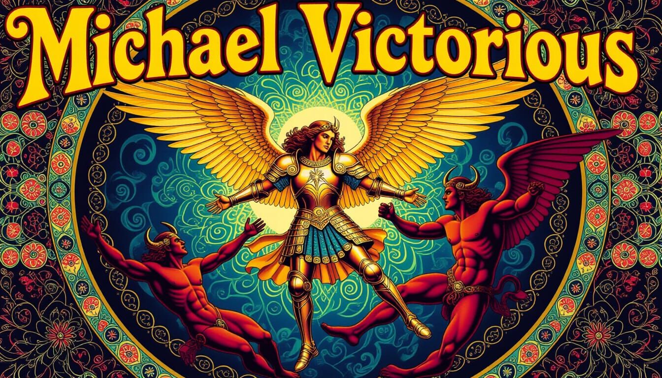 Archangel Michael Defeats Satan in Psychedelic 60s Poster Ar...