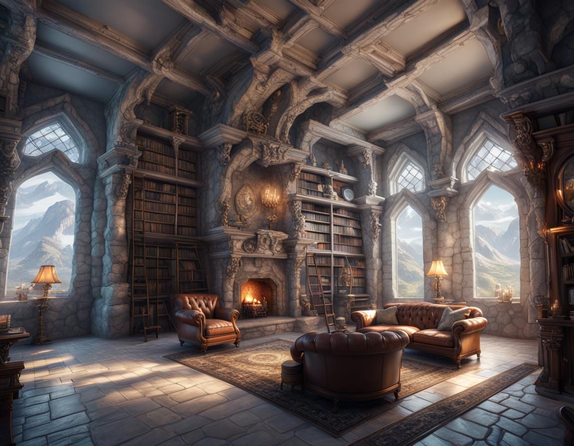 Fantasy Castle Library with Maps: Detailed Matte Painting