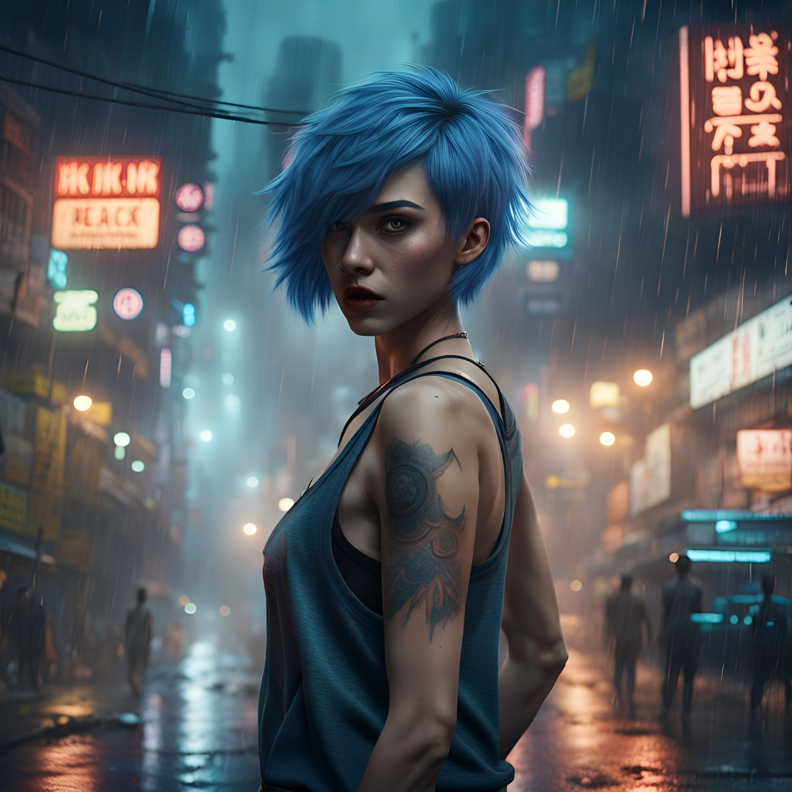 Girl in Cyberpunk Kowloon Street at Night