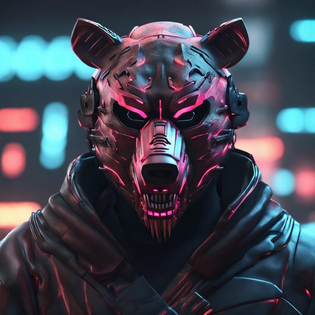 Cyberpunk Samurai Demon in Glitchcore Grizzly Mask