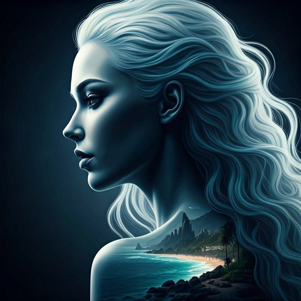 Mystical Woman's Double Exposure Portrait with Beach Paradis...