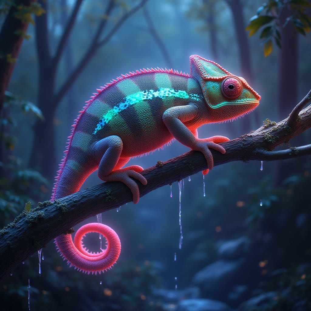 Iridescent Chameleon in Bioluminescent Chrome Forest