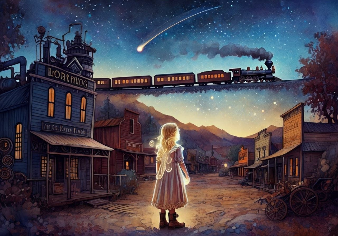 Whimsical Steampunk Town Under Starry Night Sky