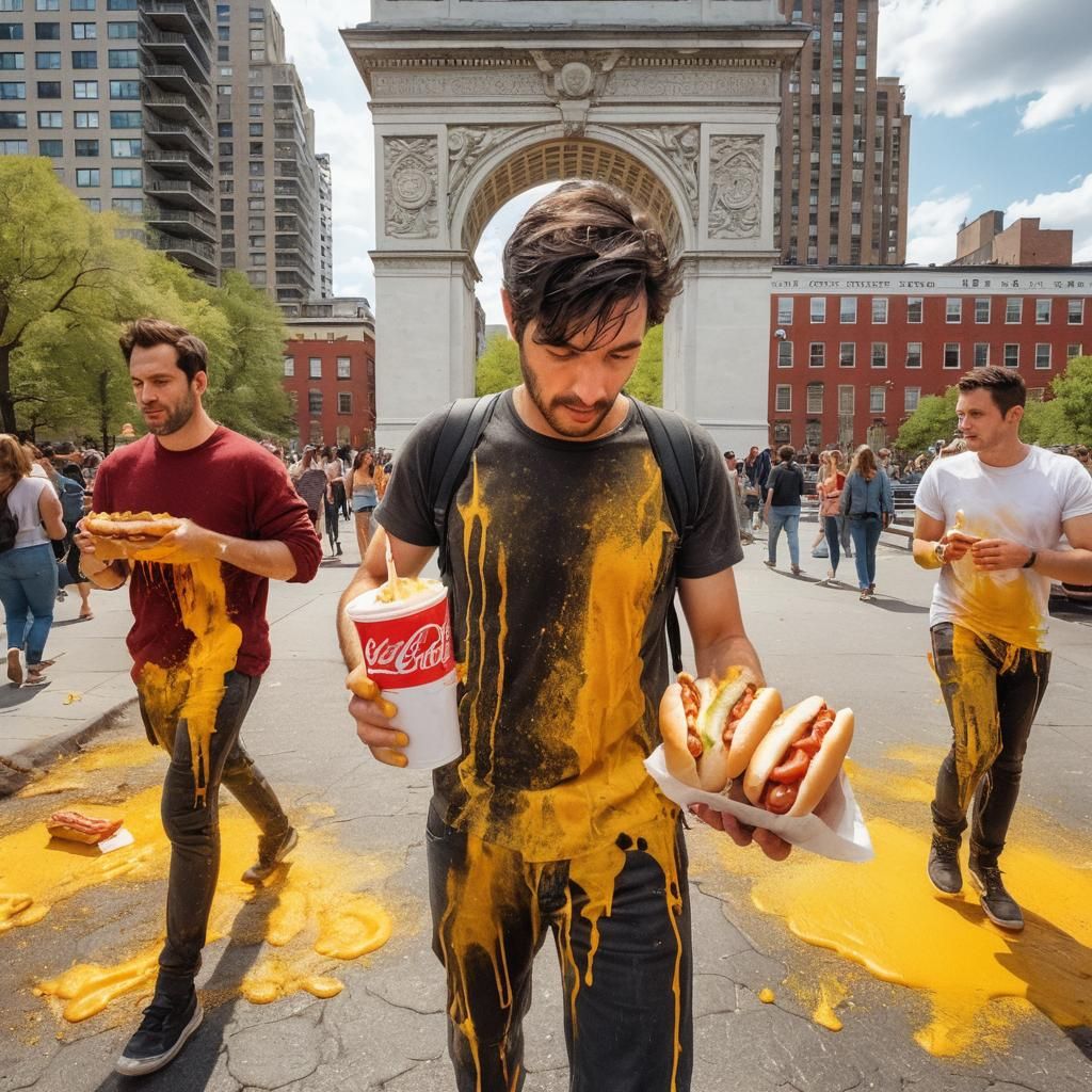 In the noisy Washington Square Park of New York City, people walk while eating hot dogs and hamburgers from nearby vendo...