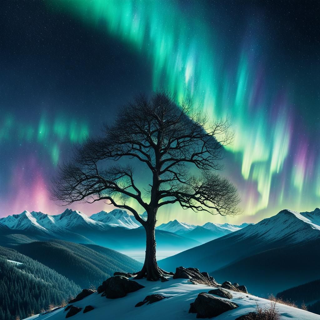 Dreamlike Nocturne Landscape with Northern Lights