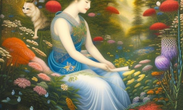 Woman in Floral Chair with Warped Forest View