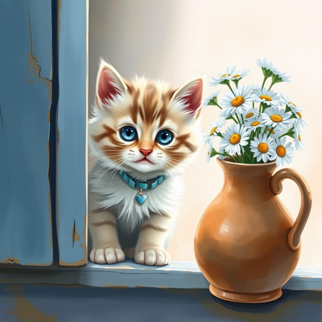 Whimsical Kitten on Wooden Windowsill with Fresh Flowers